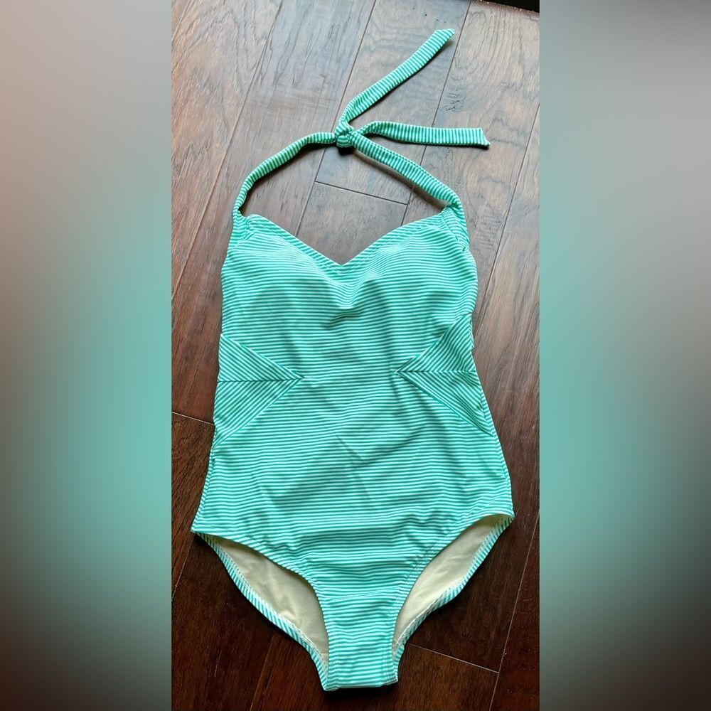 Merona One Piece Green Striped Full Coverage Padded Minimalist Swimsuit M- NWT